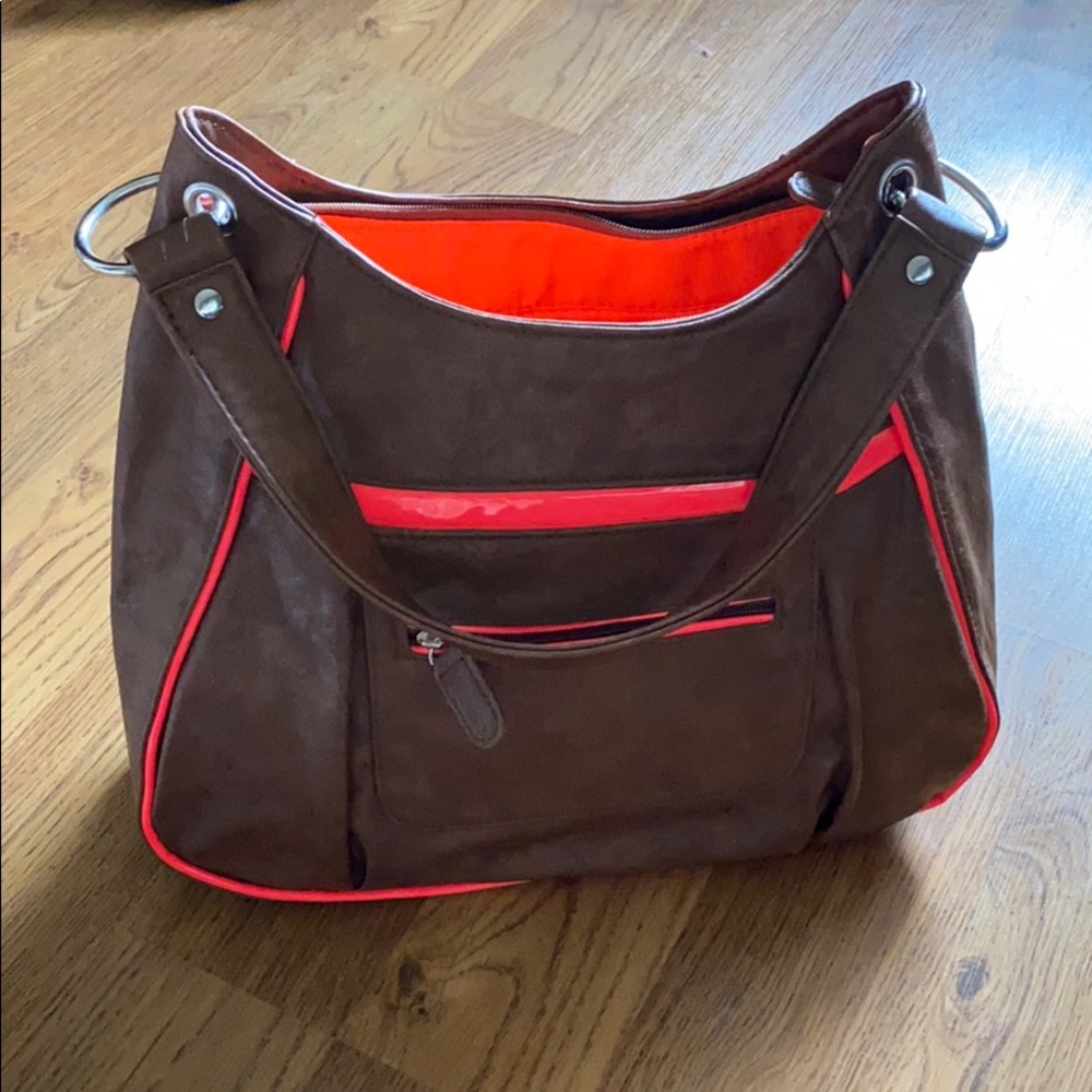Brown and hot pink shoulder bag